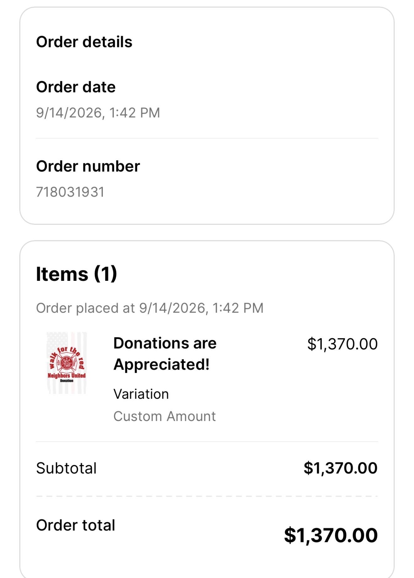 Neighbors United Walk for the Red online donation receipt for 1,370 dollars on September 14, 2026
