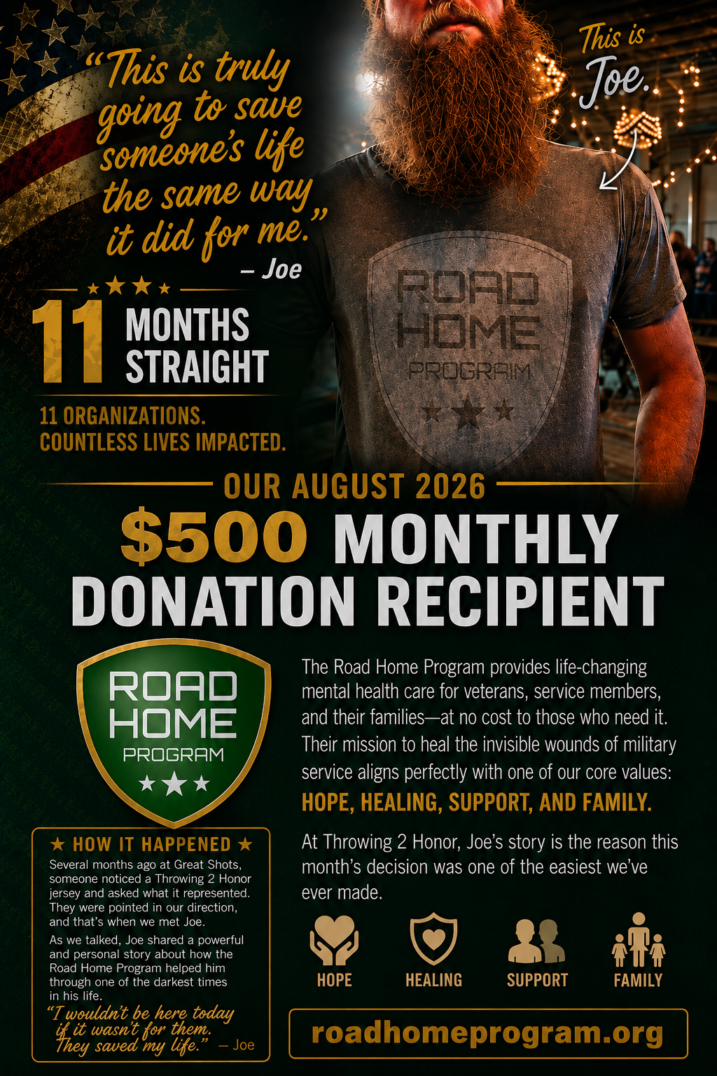 Throwing 2 Honor August 28, 2026 donation to Road Home Program in honor of Joe