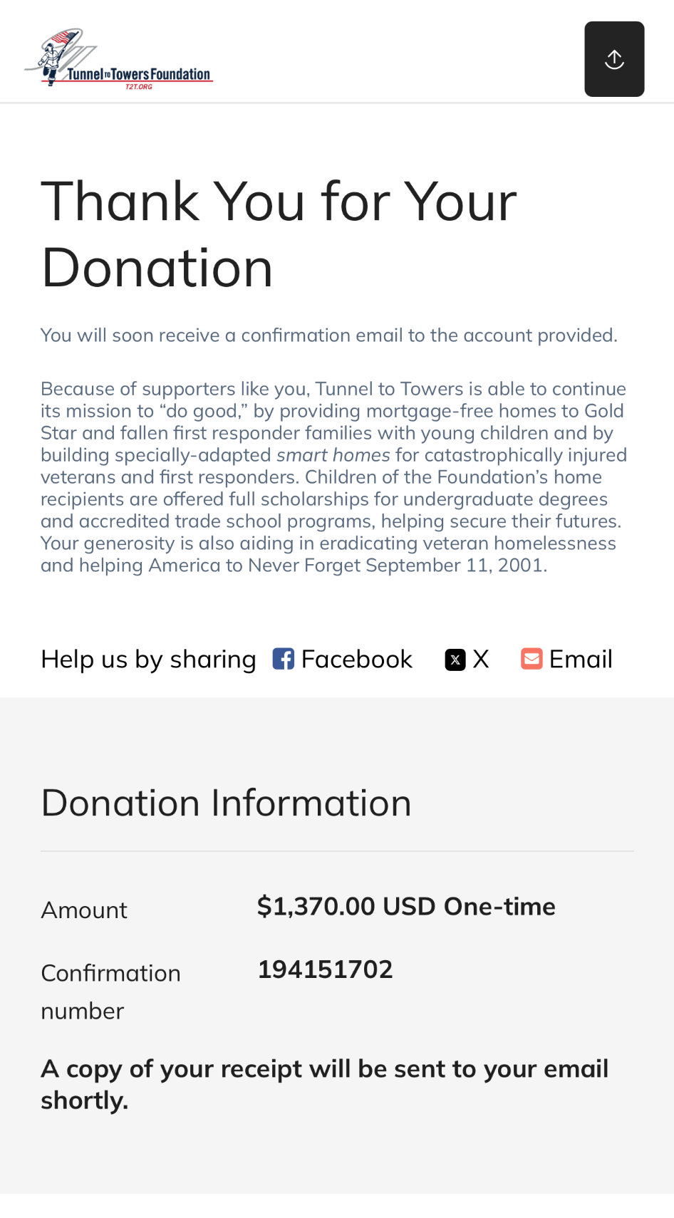 Tunnel to Towers Foundation online donation confirmation for 1,370 dollars on September 14, 2026
