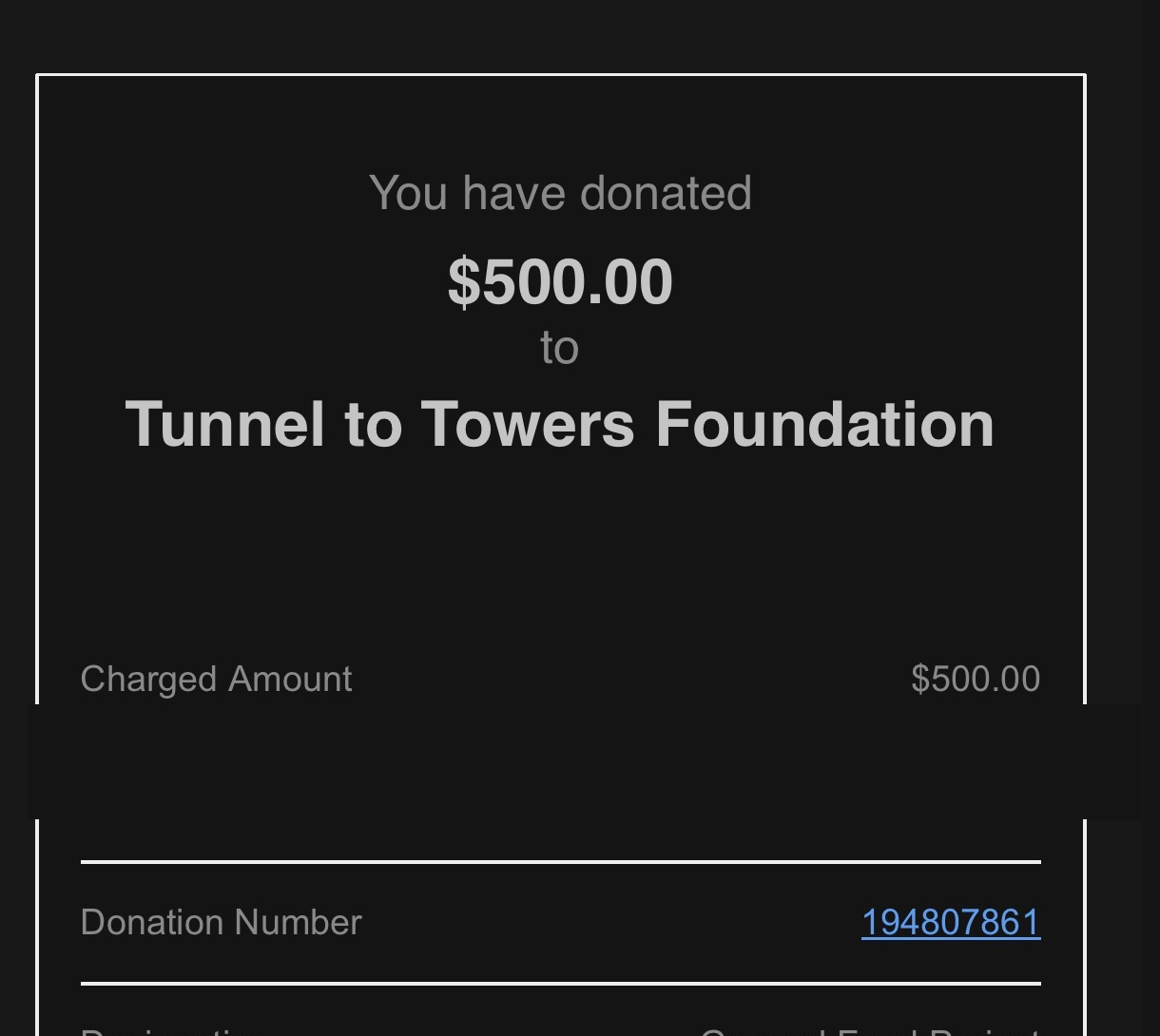 Tunnel to Towers Foundation confirmation for the September 20, 2026 donation