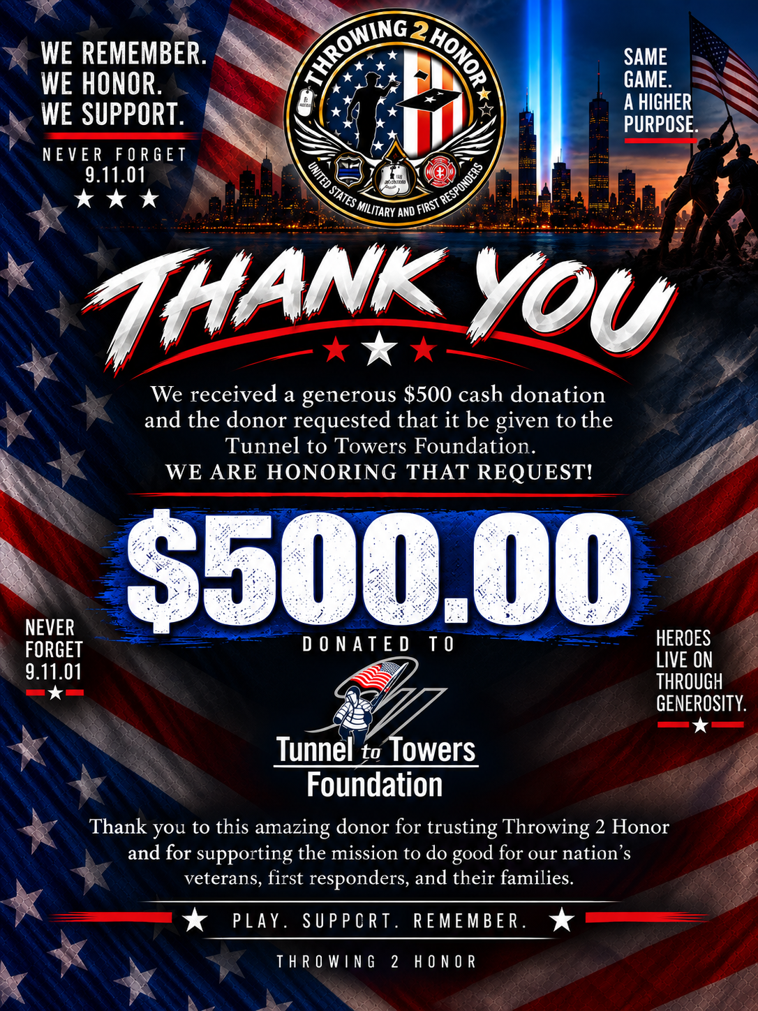 Throwing 2 Honor thank-you graphic for a 500 dollar donation to Tunnel to Towers Foundation