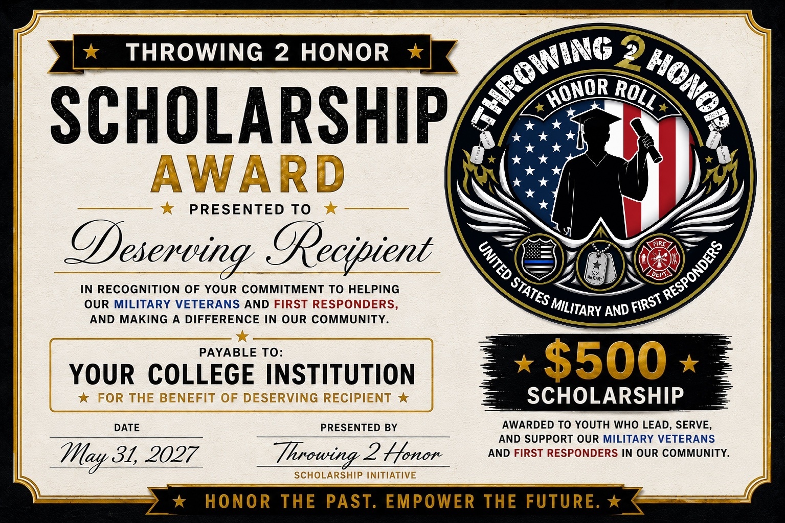 Honor Roll Scholarship award preview showing a 500 dollar scholarship award presented to a deserving recipient
