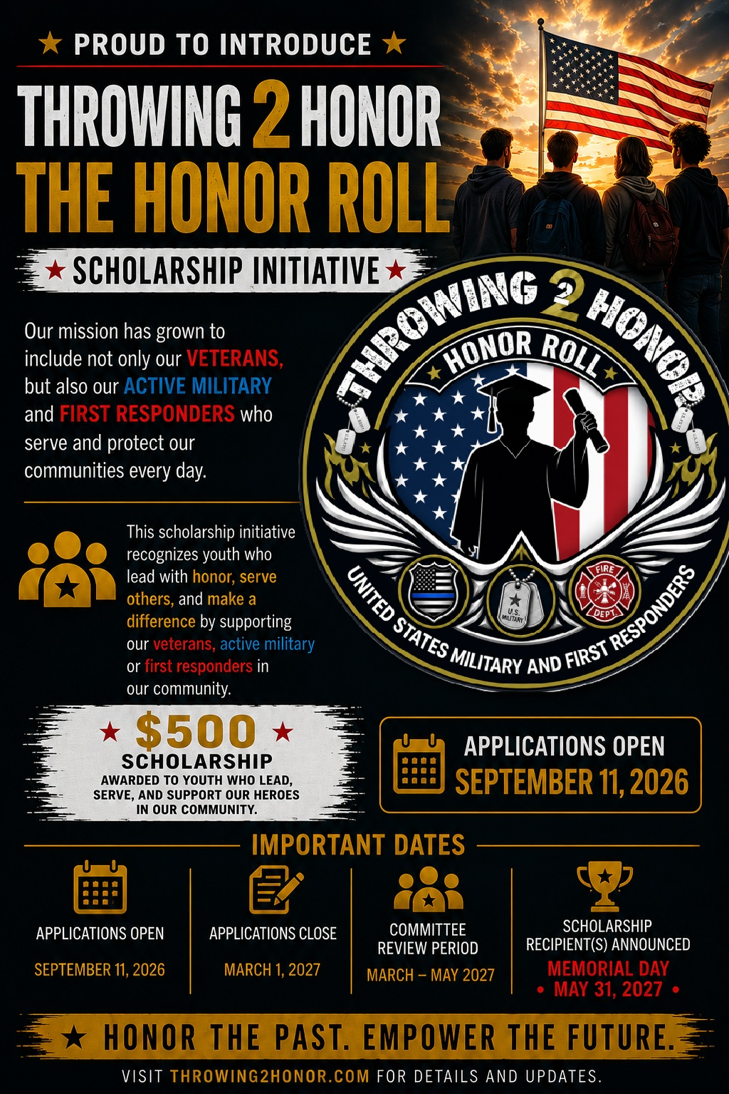 Throwing 2 Honor Honor Roll Scholarship Initiative launch flyer with important dates and 500 dollar scholarship details